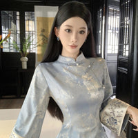 New Chinese Style Blue Printed Cheongsam Dress with Bamboo Leaf Pattern