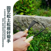 Gardening Hand Rake and Root Remover Tool Set with Wooden Handle for Loosening Soil and Weeding