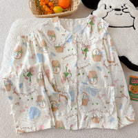 Women's Cloud Cotton Pajama Set with Lamb Embroidery, Long Sleeve Doll Collar Loungewear