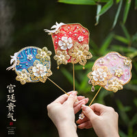 DIY Song Brocade Round Fan with Pearl Embellishments and Mirror - Craft Kit for Festivals