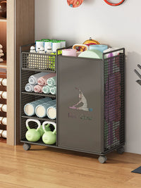 Yoga Mat Storage Rack with Basket for Home Gym Equipment, Foam Rollers, Dumbbells, and Balls