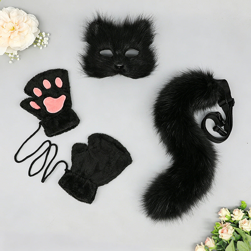 Cute Plush Fox Tail and Ear Headband Cosplay Set with Fingerless Gloves and Mask