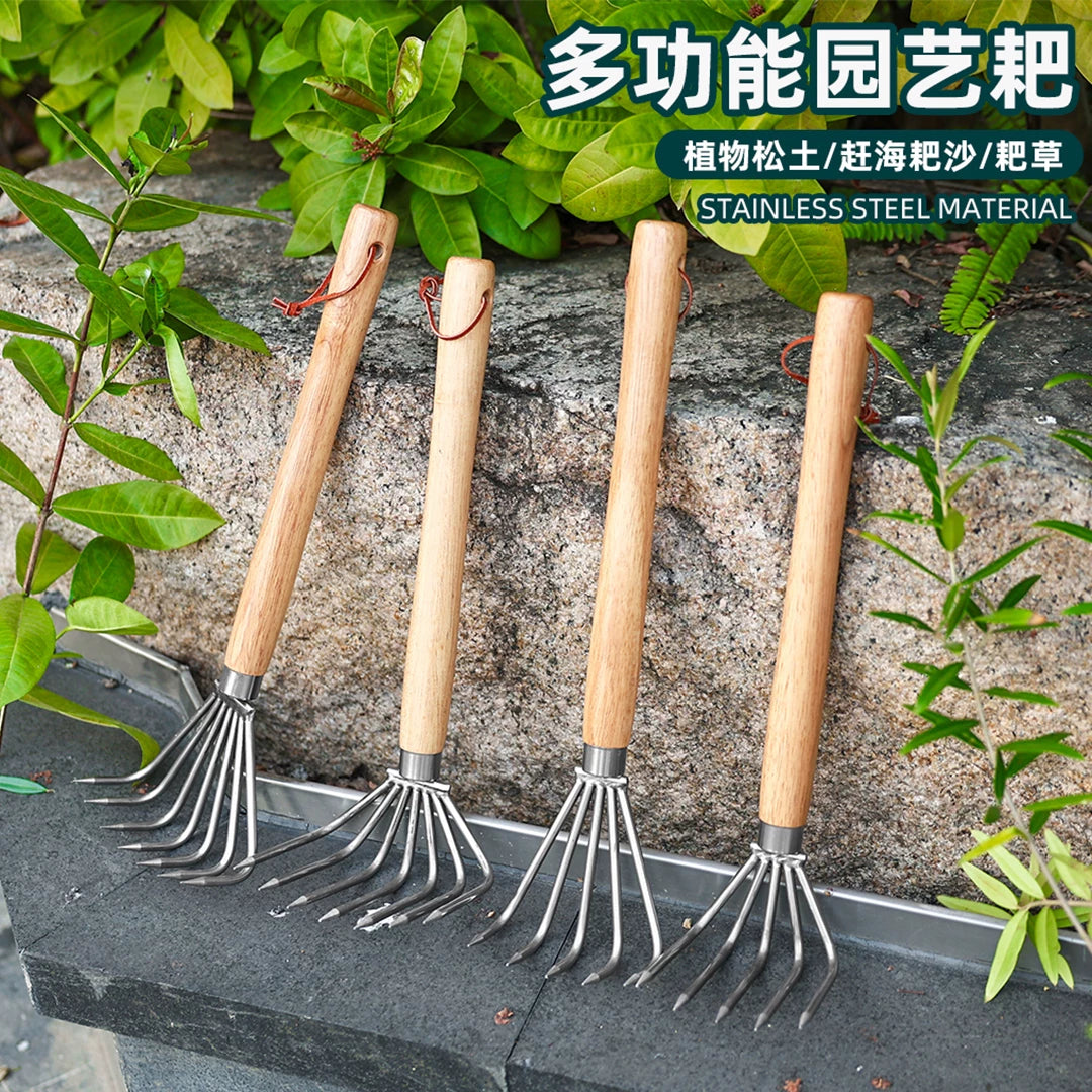 Stainless Steel Garden Rake with Long Oak Handle for Loosening Soil