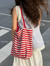 Large Capacity Striped Canvas Tote Bag for Commuting and Shopping