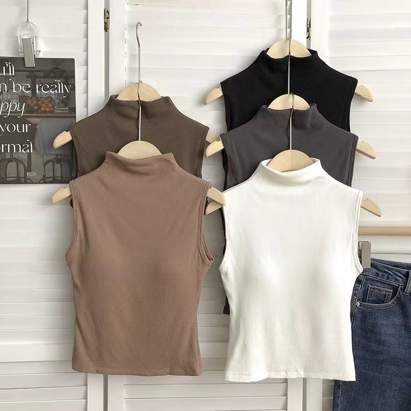 Women's Thermal Ribbed Half-High Collar Vest with Built-in Bra and Fleece Lining