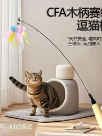 Cat Wand Toy with Bell and Feather Replacement Heads, Long Wooden Handle, Bite-Resistant Play Stick