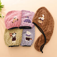Coral Fleece Cartoon Embroidered Hair Drying Cap for Adults and Students, Soft, Absorbent, Quick-Dry Turban Towel