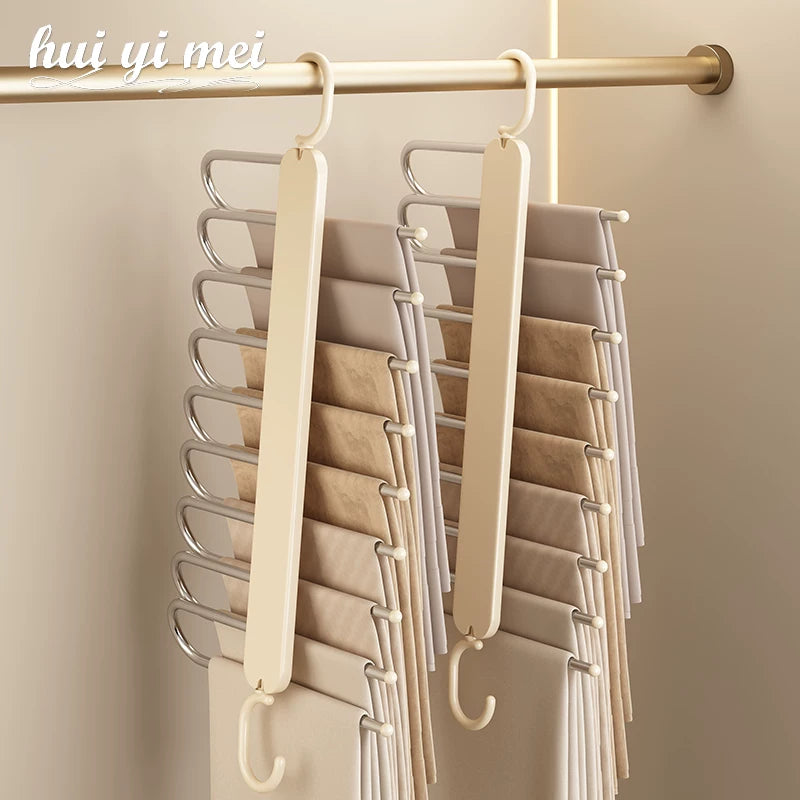 Multi-functional Foldable Pants Hanger for Wardrobe Organization, 9-in-1 Space Saving Trouser Rack