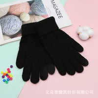 Unisex Fleece-Lined Knitted Gloves for Students and Couples, Solid Color Jacquard Warm Finger Gloves