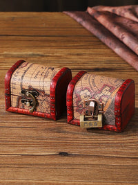 Miniature Vintage Map Wooden Treasure Chest with Lock for Jewelry and Collectibles