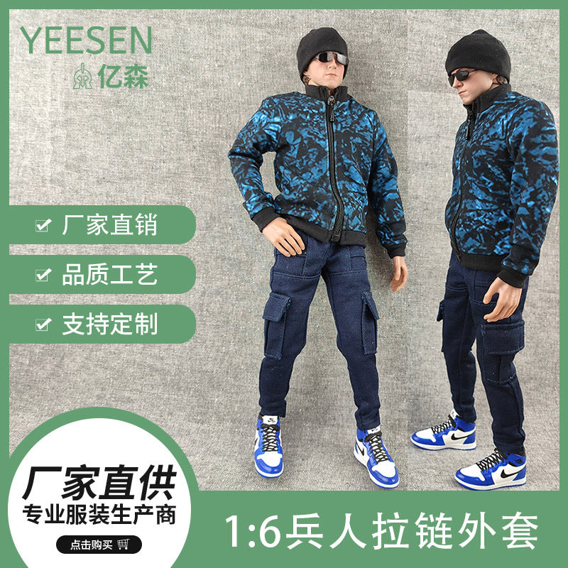 1/6 Scale Doll Zipper Print Jacket Trendy Hoodie Toy Accessories Stand Collar Outfit