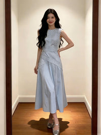 French Style Lace Patchwork Sleeveless Long Dress for Women, Blue