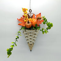 Harvest Festival Pumpkin Wall Hanging Basket with Artificial Flowers
