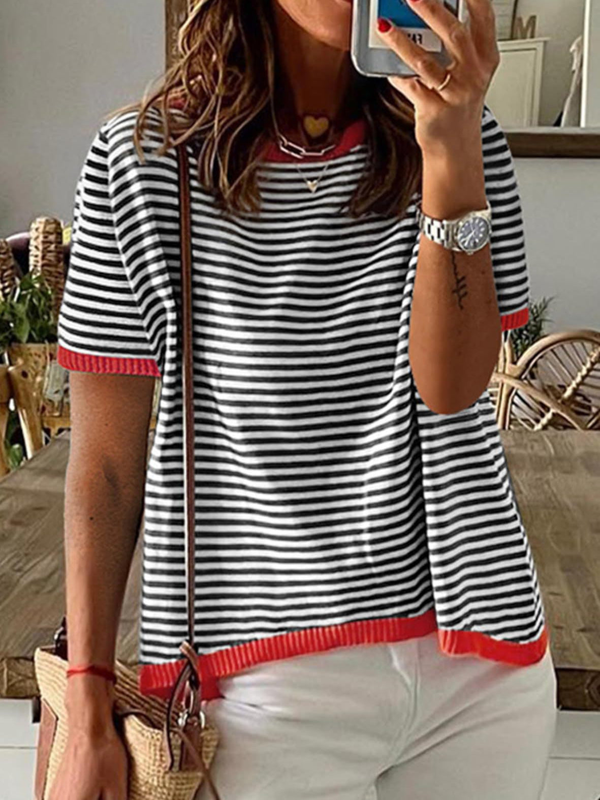 2025 New Knitted Sweater European and American Style Striped Color Block Drop Shoulder Short Sleeve Top
