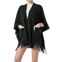 Women's Winter Faux Cashmere Poncho Shawl with Pockets