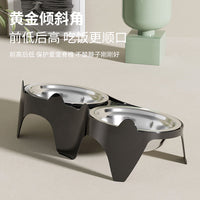 Elevated Ceramic/Stainless Steel Double Cat Bowl for Food and Water, Tilted for Neck Protection, Non-Slip