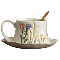 Hand-Painted 3D Floral Ceramic Coffee Cup and Saucer Set with Spoon, High-Value Breakfast Mug Gift for Women