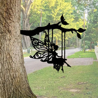 Black Metal Pixie Swinging on Tree Stump Figurine, Magical Forest Theme Decor