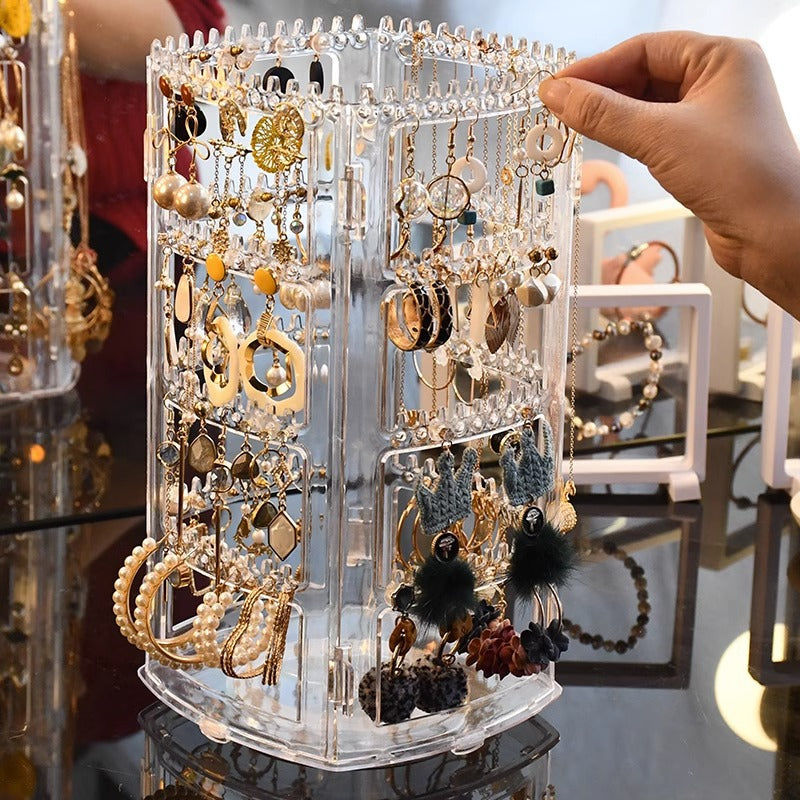 Rotating Dustproof Jewelry Organizer with Multiple Tiers for Rings, Earrings, and Necklaces