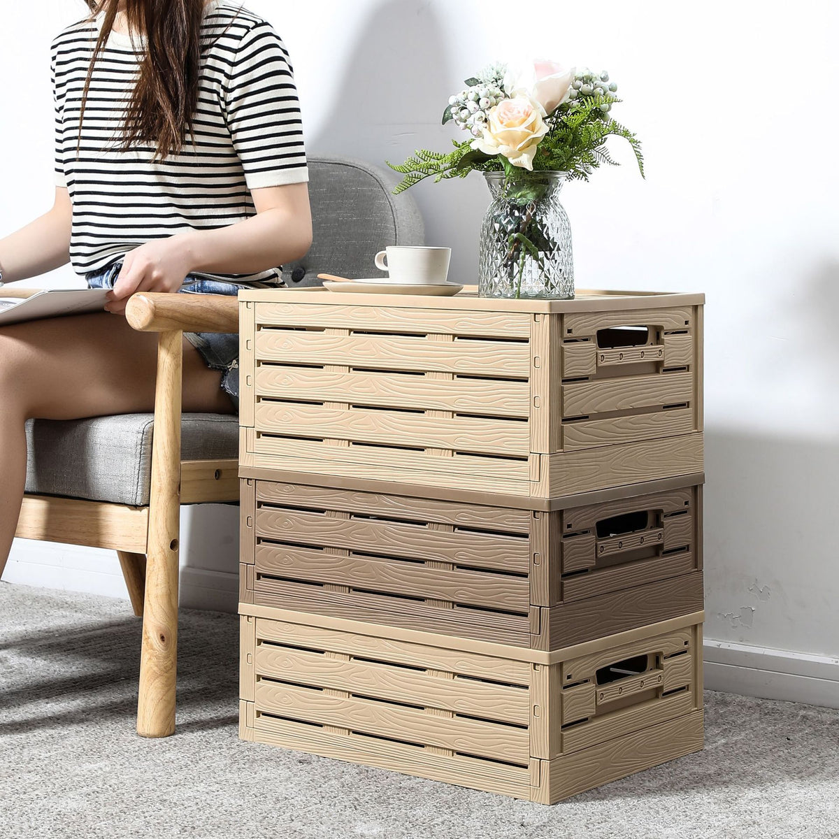 Foldable Wood Grain PP Storage Box with Lid, Stackable Organizer for Snacks, Toys, and Wardrobe