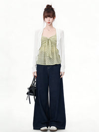 Women's Lyocell Ruffle Cardigan & Polka Dot Cami Two-Piece Set