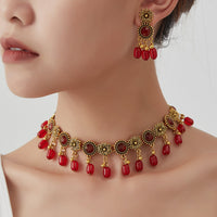 Bohemian Floral Tassel Necklace & Earrings Set with Rhinestones