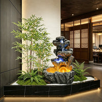Corner Flowing Water Rockery Landscape with Green Plants Indoor Water Feature for Entryway Balcony Staircase