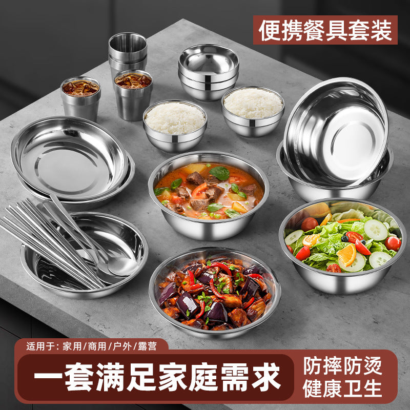 304 Stainless Steel Dinnerware Set for Camping & Home Use - Bowls, Plates, Spoons, Chopsticks