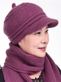 Women's Winter Knitted Rabbit Fur Hat and Scarf Set for Elderly, Warm Fleece Lined Beanie for Seniors