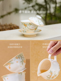 Bayi Ceramic Gaiwan Tea Set with Osmanthus Pattern, Rotating Teacup for Kung Fu Tea