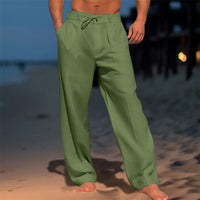 Men's Linen Beach Pants with Front Pockets, Solid Color, Breathable Casual Trousers for Summer Vacation
