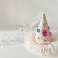 Princess Rhinestone Birthday Hat Hair Clip with Mesh for Girls' Party Headwear