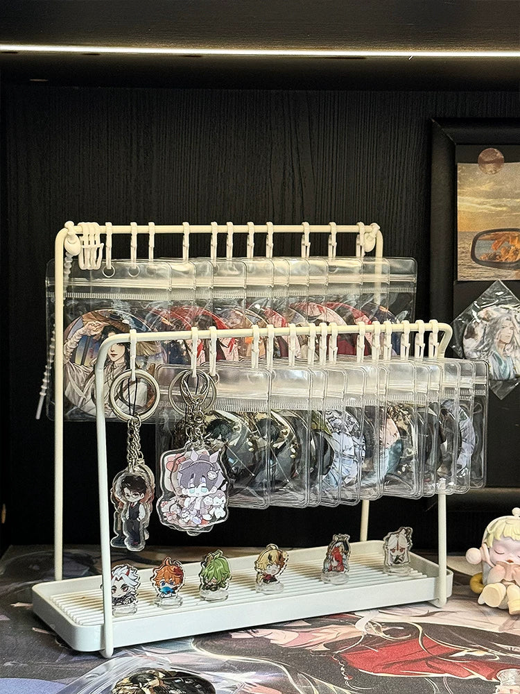 Wall-Mounted Display Rack for Badges, Keychains, and Standees with S-Hooks and Storage Bags