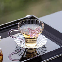 Pink Butterfly Transparent Glass Teacup with Handle and Saucer, Puer Tea Cup, Coffee Cup
