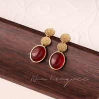 French Vintage Lapis Lazuli Oval Earring Studs DIY Jewelry Accessories with Rhinestone Inlay