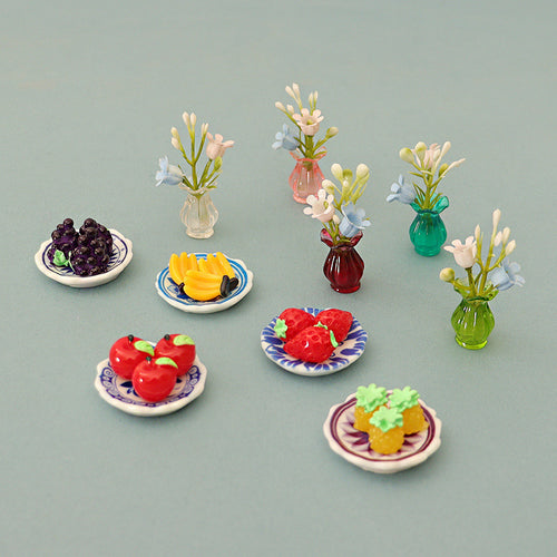 Dollhouse Miniature Fruit Plate and Vase Decor Set, DIY Accessories