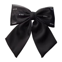 Mesh Pearl Black Bow Hair Clip for Women, Elegant Satin Top Clip Hair Accessory
