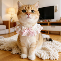 Pet Lace Bow Collar Bib for Cats and Dogs, Plaid Princess Style, Soft Pastel