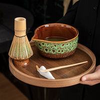Japanese Style Matcha Bowl with Spout and Whisk Set, Kiln Glazed Ceramic