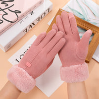 Women's Suede Touchscreen Gloves with Faux Rabbit Fur Cuff, Thickened Warm Winter Gloves