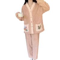 Women's Rainbow Cardigan Two-Piece Coral Fleece Pajama Set Thickened Warm Loungewear