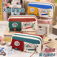 Large Capacity American Retro Color-Block Pencil Case for Students