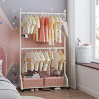 Kids Room Adjustable Double-Layer Garment Rack with Wheels, Cream Style Floor-Standing Clothes Hanger