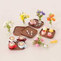 Dollhouse Miniature Cake Tray Set with Coffee Cups and Spoons, DIY Food Play Scene Decor