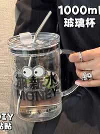 Large Capacity Borosilicate Glass Tumbler with Handle and Straw for Coffee, Water, Office, Home