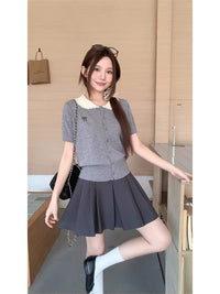 Korean Style Lace Patchwork Peter Pan Collar Short Sleeve Knit Cardigan for Women
