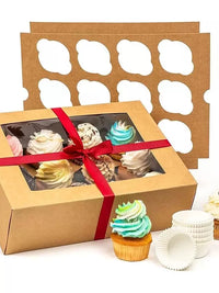 12-Cavity Cupcake Muffin Dessert Boxes with Clear Window and Inserts, Disposable Paperboard Pastry Packaging for Bakeries