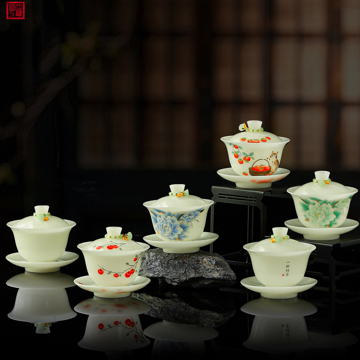 Jade Ceramic Gaiwan Tea Bowl with Suspended Lid, White Porcelain Kung Fu Tea Set Gift