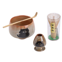 Japanese Shino Cat Ceramic Matcha Bowl Set with Whisk Holder and Scoop