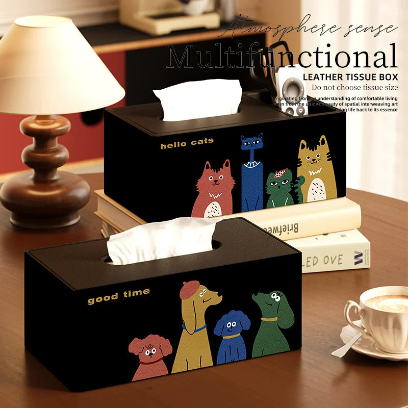 Modern Animal Tissue Box with Remote Control Storage, Multifunctional PU Leather Organizer for Living Room